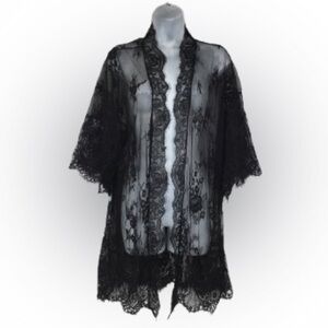Women's Black Floral Lace Kimono Robe Babydoll Witchy Lingerie Mesh Size XL